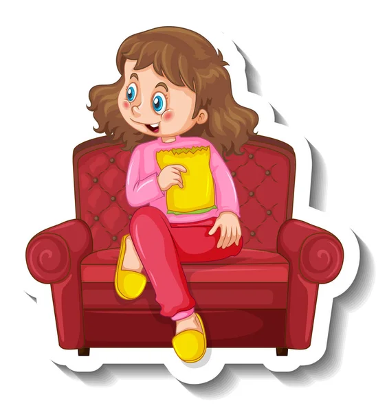 Sticker Template Girl Sitting Sofa Illustration — Stock Vector