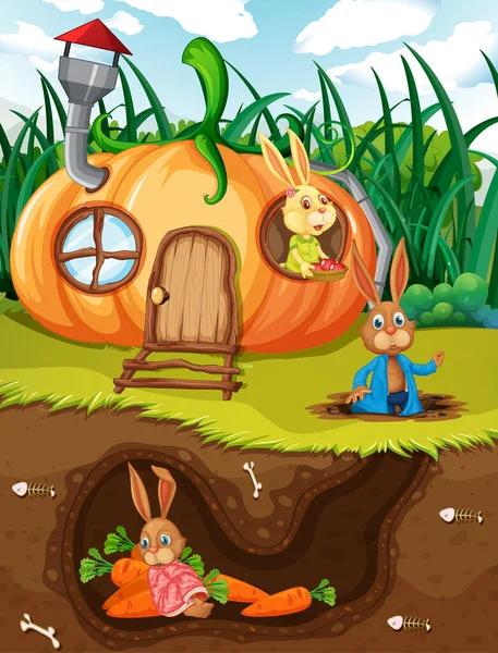 Trou Souterrain Lapin Avec Surface Sol Illustration Scène Jardin — Image vectorielle