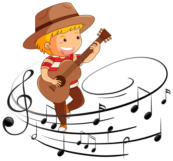 Personagem Desenho Animado Menino Tocando Guitarra Com Símbolos Melodia Ilustração —  Vetores de Stock