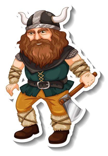 Sticker Template Viking Warrior Cartoon Character Isolated Illustration — Stock Vector