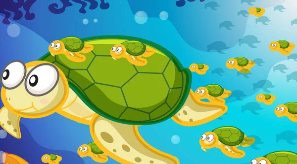 Onderwater Scene Met Veel Schildpadden Zwemmen Illustratie — Stockvector