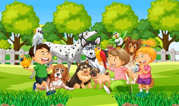 Parque Cena Livre Com Muitas Crianças Sua Ilustração Animal Estimação — Vetor de Stock