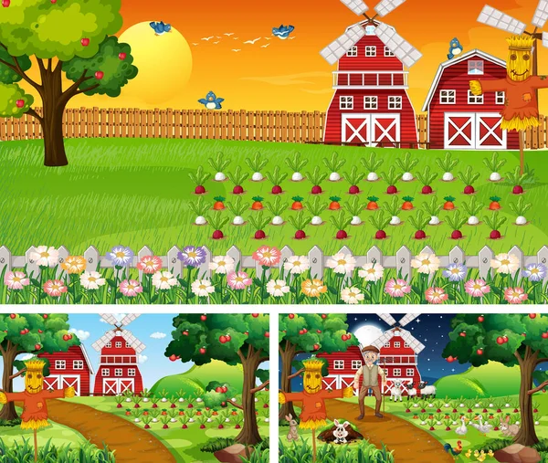 Different Farm Scenes Farm Animals Cartoon Character Illustration — Stock Vector