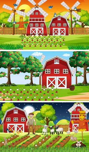 Cenas Fazenda Diferentes Com Agricultor Velho Ilustração Personagem Desenho Animado —  Vetores de Stock