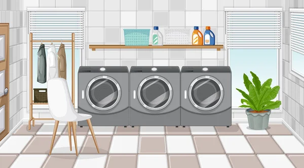 Tvättstuga Scen Med Tvättmaskin Och Kläder Hängare Illustration — Stock vektor