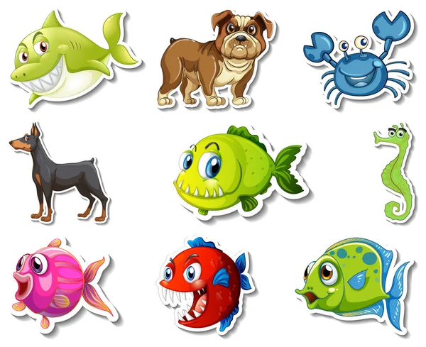 一套印有海洋动物和狗卡通人物图解的贴纸 — 图库矢量图片