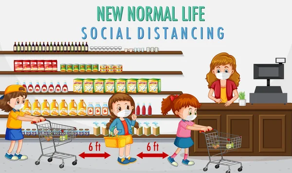 Нове Нормальне Життя Дітьми Продовольча Покупка Ілюстрація — стоковий вектор