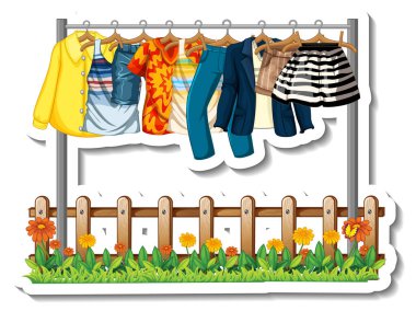 Beyaz arkaplan illüstrasyonundaki askılarda birçok giysi bulunan bir elbise etiketi tasarımı