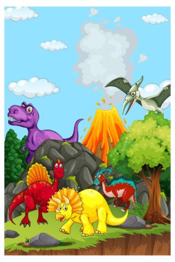 Çeşitli dinozor resimleriyle tarih öncesi manzara