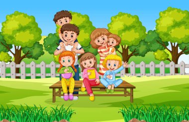 Park sahnesindeki mutlu aile çizimi