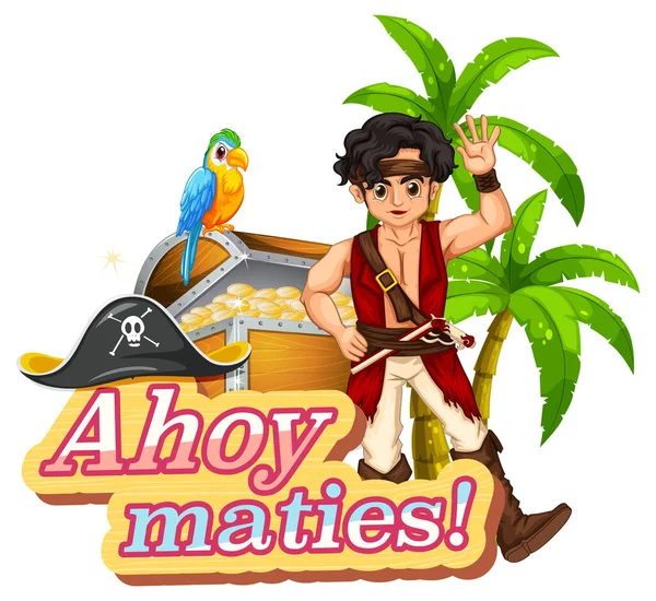 Pirate Slang Concept Ahoy Maties Font Pirate Cartoon Character Illustration — Stock Vector