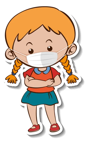 Tıbbi Maske Takan Bir Kızın Çizdiği Bir Etiket Tasviri — Stok Vektör