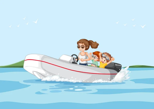 Woman Driving Speedboat River Scene Illustration — Stock Vector