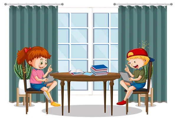 Kinder Lernen Von Hause Aus Auf Elektronischen Geräten — Stockvektor