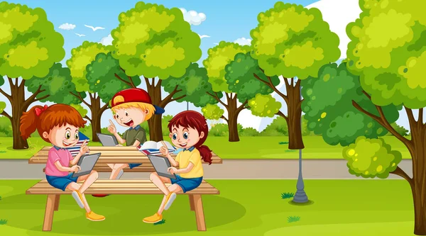 Niños Inclinados Línea Con Tableta Parque Ilustración — Vector de stock