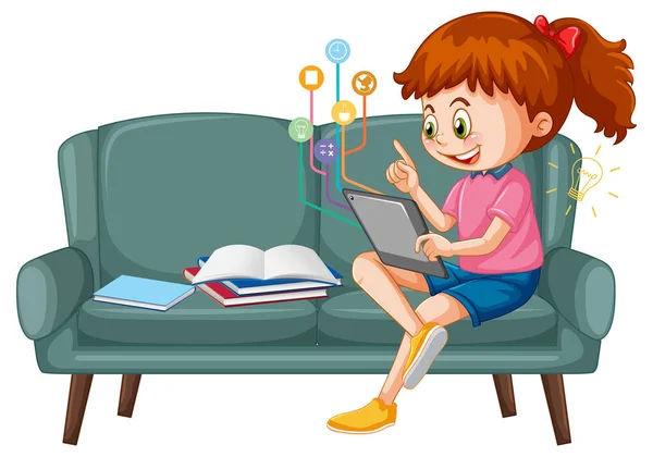 Girl Sitting Couch Learning Tablet Illustration — Stock Vector