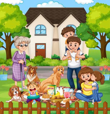 Mutlu bir aile, evcil hayvan resimleriyle evde dikiliyor.