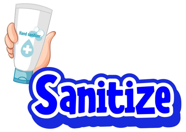 Sanitize Font Dalam Gaya Kartun Dengan Tangan Memegang Alkohol Gel - Stok Vektor