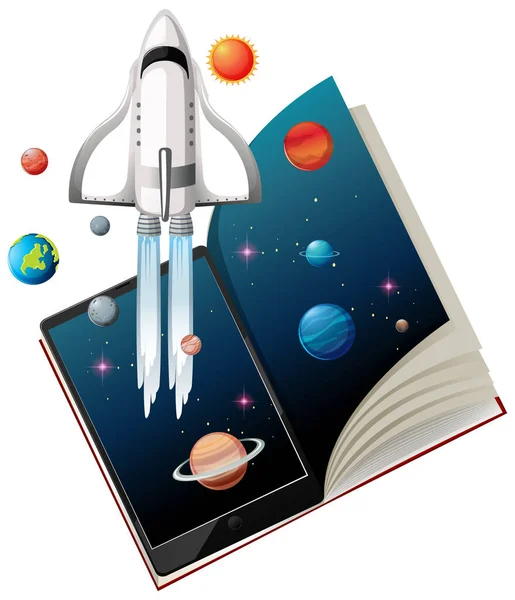 Tableta Con Libros Para Ilustración Aprendizaje Línea — Vector de stock