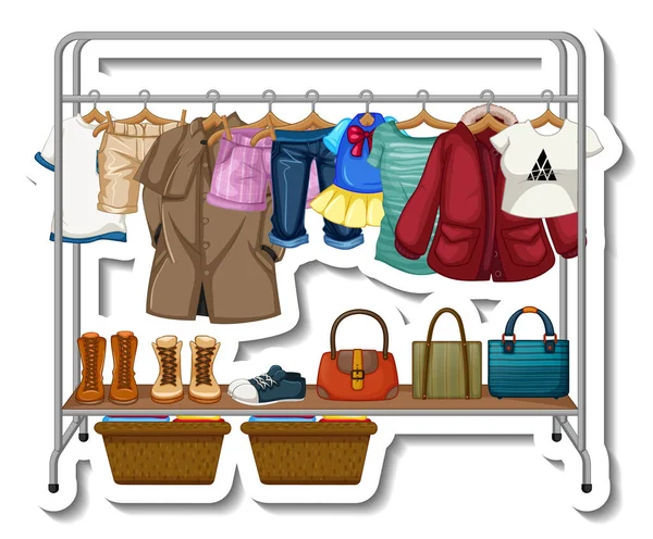 Een Sticker Sjabloon Van Kleding Rekken Met Veel Kleding Hangers — Stockvector