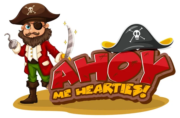 Ahoy Heartiesバナーと海賊漫画のキャラクターイラストと海賊スラングの概念 — ストックベクタ