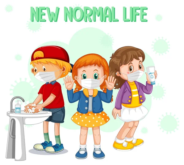 Nueva Vida Normal Con Niños Usando Ilustración Máscara — Archivo Imágenes Vectoriales