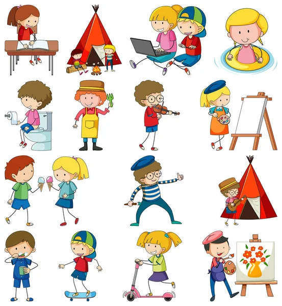 Conjunto Dibujos Animados Diferentes Doodle Niños Ilustración Personajes — Vector de stock