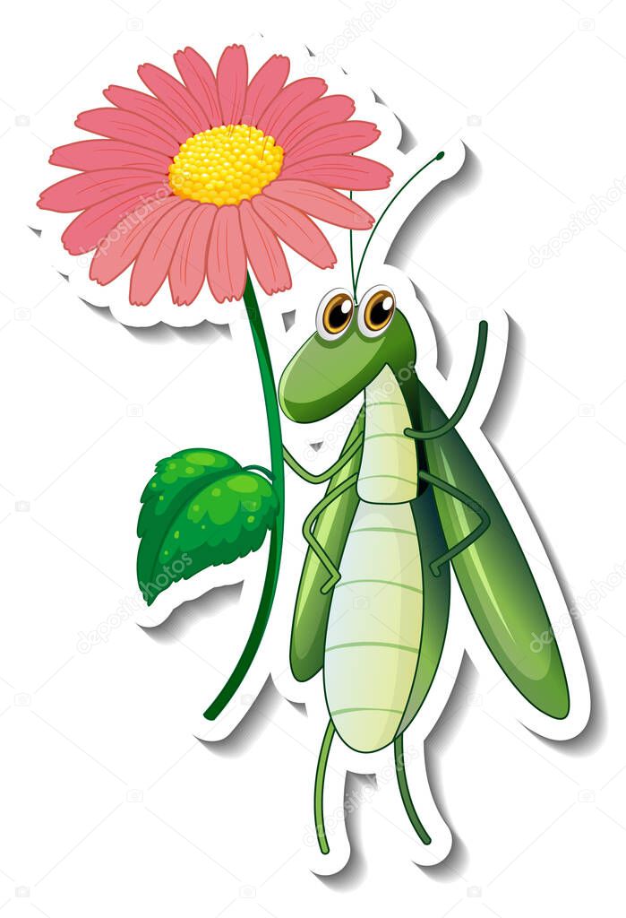 Sticker template with cartoon character of a glasshopper holding a flower isolated illustration