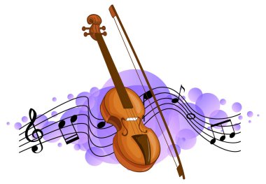 Mor leke üzerinde melodi sembolleri olan keman klasik müzik aleti