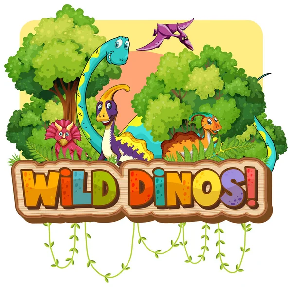 Wild Dinos Word Typography Dinosaur Group Cartoon Character Illustration — Stock Vector