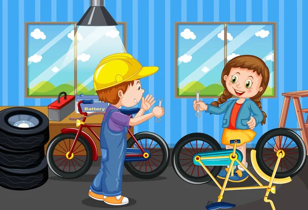 一緒に自転車を修理する子供たちとのシーンイラスト — ストックベクタ