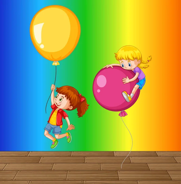 Crianças Brincando Com Balão Arco Íris Gradiente Fundo Ilustração —  Vetores de Stock