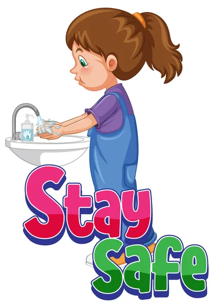Μείνετε Ασφαλή Γραμματοσειρά Ένα Κορίτσι Πλύσιμο Των Χεριών Σαπούνι Απομονωμένη Διανυσματικά Γραφικά