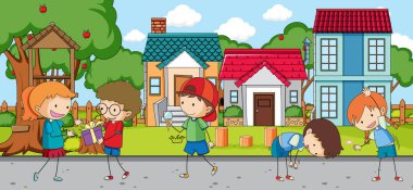 Park illüstrasyonunda oynayan bir sürü çocuğun olduğu açık hava sahnesi