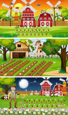 Yaşlı çiftçi ve hayvan çizgi film karakteri resimlerinin olduğu farklı çiftlik sahneleri.
