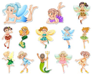 Üzerinde güzel periler ve çizgi film karakteri çizimleri olan çıkartmalar.