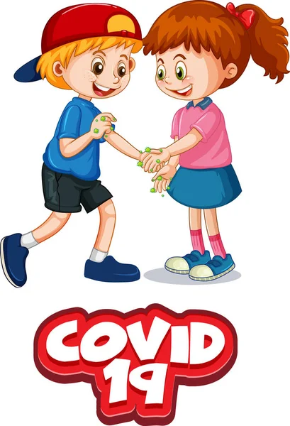 Covid Schrift Cartoon Stil Mit Zwei Kindern Hält Soziale Distanz — Stockvektor