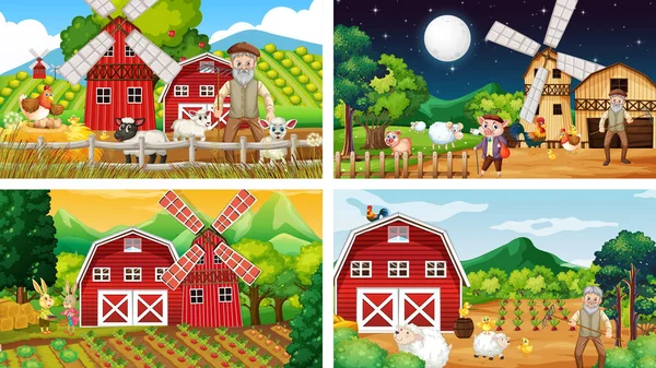 Různé Zemědělské Scény Starým Farmářem Animované Animované Postavy Ilustrace — Stockový vektor