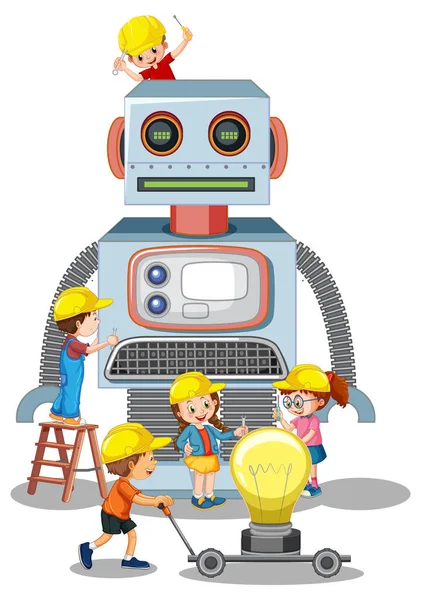 Niños Construyendo Robot Juntos Sobre Fondo Blanco Ilustración — Archivo Imágenes Vectoriales