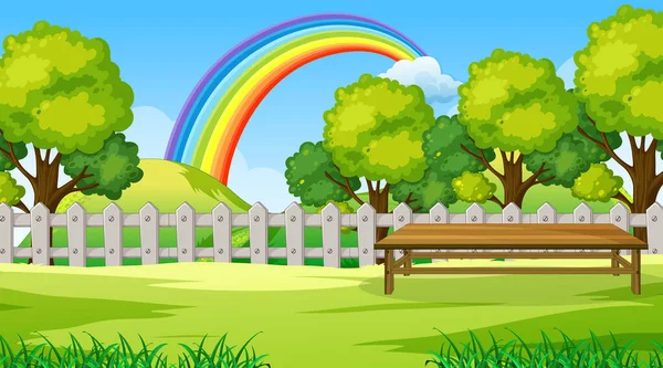 Parque Paisaje Escena Con Arco Iris Cielo Ilustración — Vector de stock