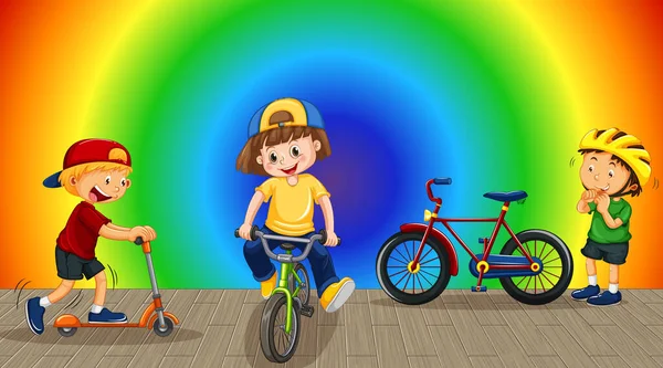 Niños Haciendo Diferentes Actividades Arco Iris Gradiente Fondo Ilustración — Vector de stock