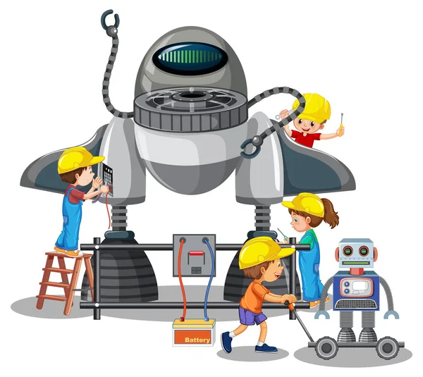 Niños Construyendo Robot Juntos Sobre Fondo Blanco Ilustración — Vector de stock