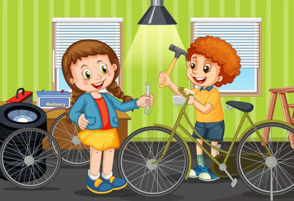 Сцена Детьми Ремонтирующими Велосипед Вместе Иллюстрация — стоковый вектор
