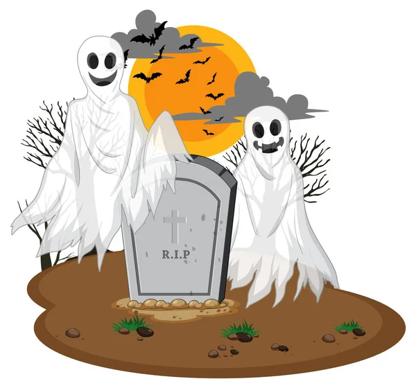 Halloween Ghosts Headstone White Background Illustration — Stock Vector