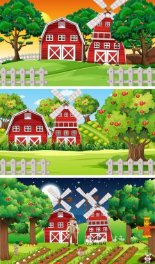 Yaşlı çiftçi ve hayvan çizgi film karakteri resimlerinin olduğu farklı çiftlik sahneleri.