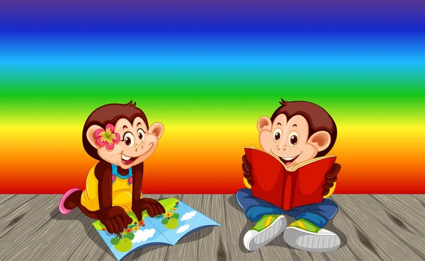 Due Scimmie Leggere Libro Arcobaleno Gradiente Sfondo Illustrazione — Vettoriale Stock