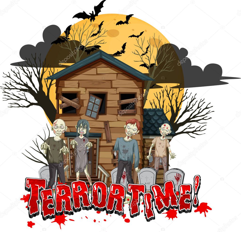 Terror Time text design with Haunted House illustration