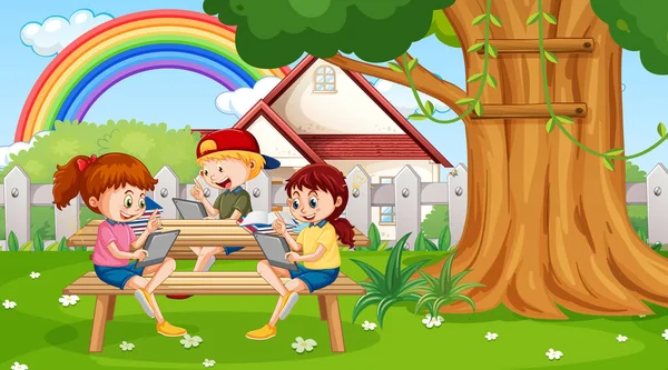 Niños Inclinados Línea Con Tableta Parque Ilustración — Vector de stock