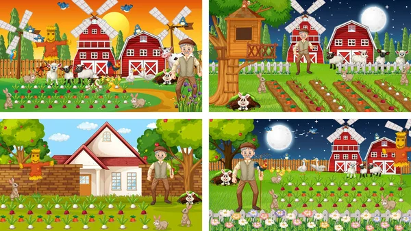 Different Farm Scenes Old Farmer Animal Cartoon Character Illustration — Stock Vector