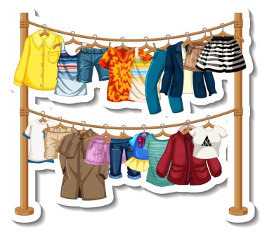 Beyaz arkaplan illüstrasyonundaki askılarda birçok giysi bulunan bir elbise etiketi tasarımı